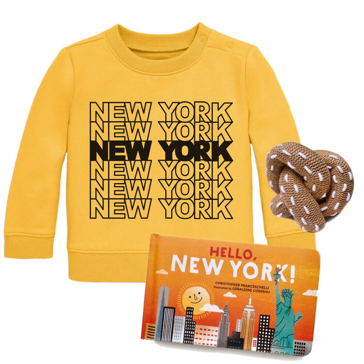 Lucky Wang Baby Gift Set: NEW YORK Tile Sweatshirt Taxi Yellow 6-12m, Pretzel Rattle, Hello New York