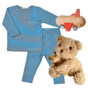 Baby Gift Set: Wings Blue Grey Stripes Playset 6m, Mini Pull-Back Jet Cherry, Eustache Bear with Baby