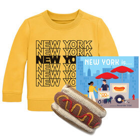 Baby Gift Set: NEW YORK Tile Sweatshirt Taxi Yellow 6-12m, Pretzel Rattle, New York Is...