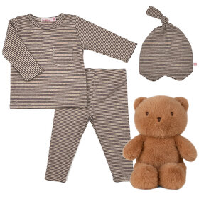 Baby Gift Set: Heather Brown Stripe Playset 6m, Matching Beanie, Bobo Bear Brown 9"