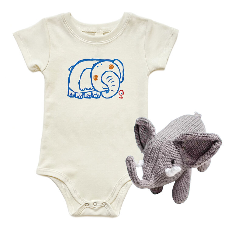 Baby Gift Set: Elephant Organic Onesie 6m, Elephant Organic Rattle
