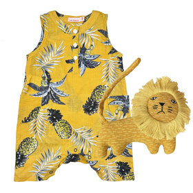 Baby Gift Set: Pineapple Yellow Jumpsuit 6m, Ronnie Lion Cotton Creature Wee Ones