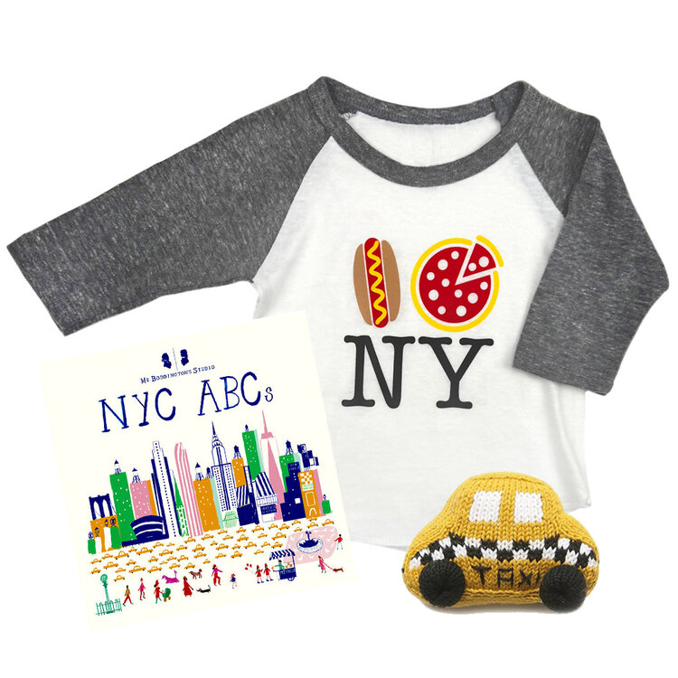 Baby Gift Set: Pizza Raglan 6m, Taxi Rattle, Mr. Boddington's NYC ABCs