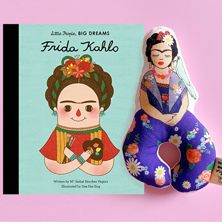 Baby Gift Set: Flower Frida Organic Rattle, Frida Kahlo Little People Big Dreams Book