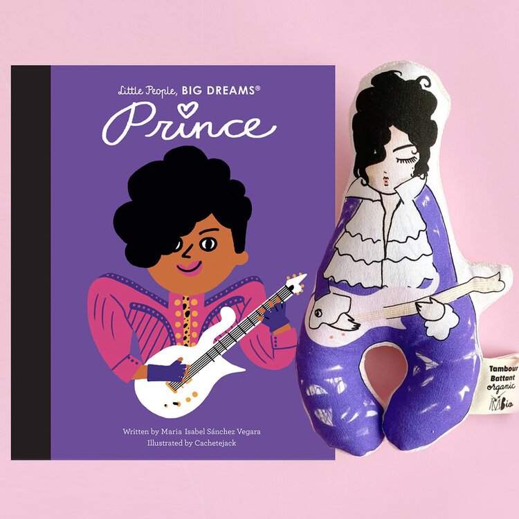 Baby Gift Set: Mr. Purple Rain Organic Rattle, Prince Little People Big Dreams Book