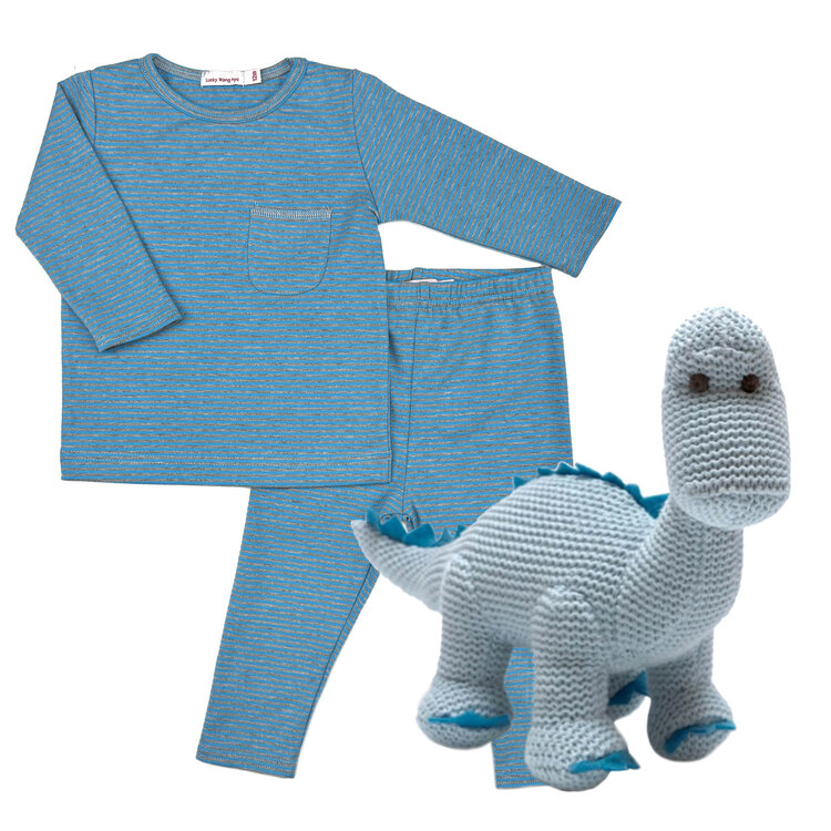 Baby Gift Set: Wings Blue Grey Stripe Playset 6m, Organic Cotton Dinosaur Blue Baby Rattle