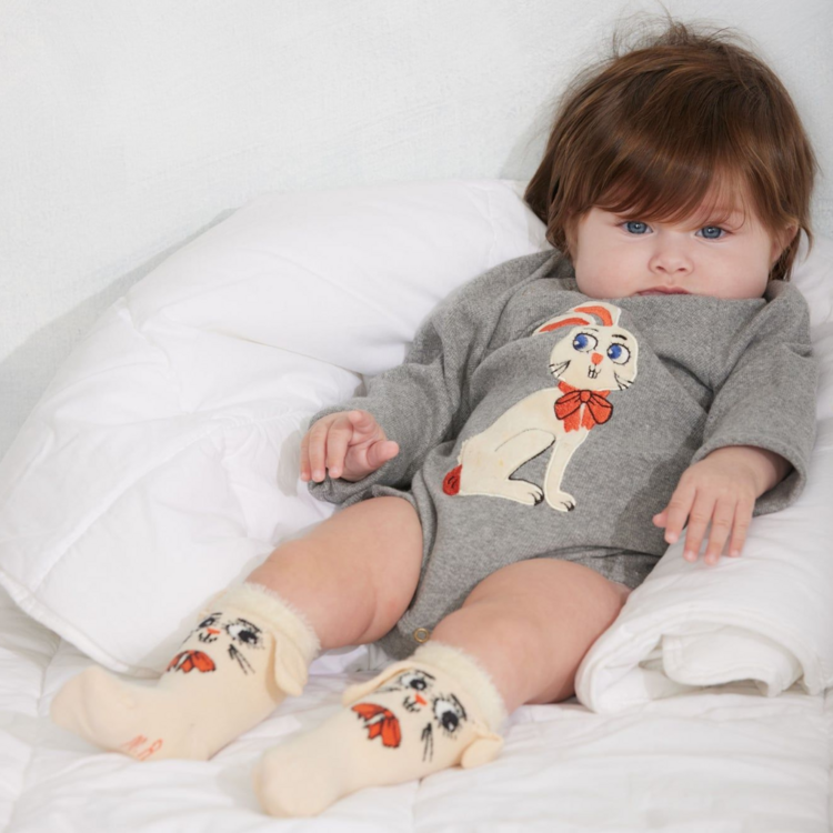 Mini Rodini Rabbit Appliqué Grey L/S Onesie