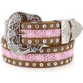 ANGEL RANCH ANGEL RANCH GIRLS LEATHER BELT - PINK SILVER STUDS AND CLEAR CRYSTALS