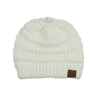 CC BEANIE CABLE KNIT MESSY BUN - IVORY