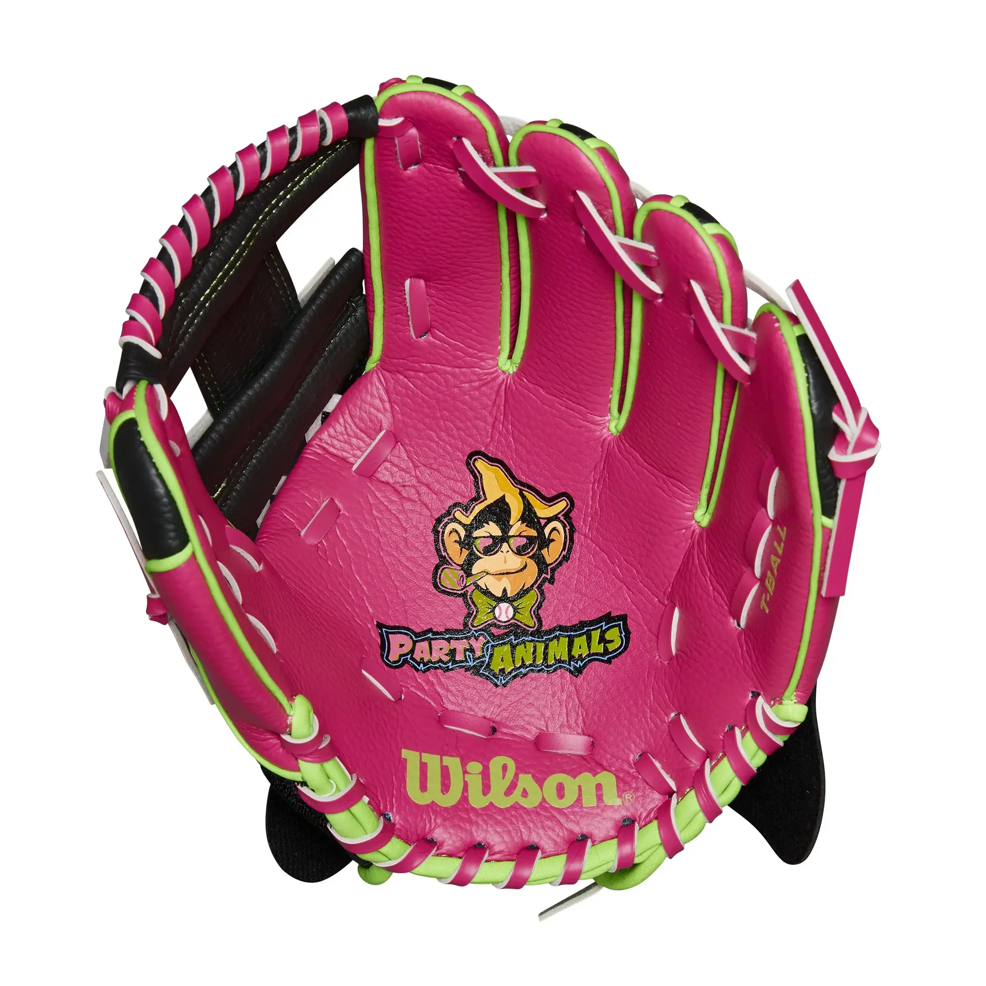 Wilson A200 EZ Catch™ Party Animals™ 10” T-Ball Glove - Hot Pink/Neon Green/Black