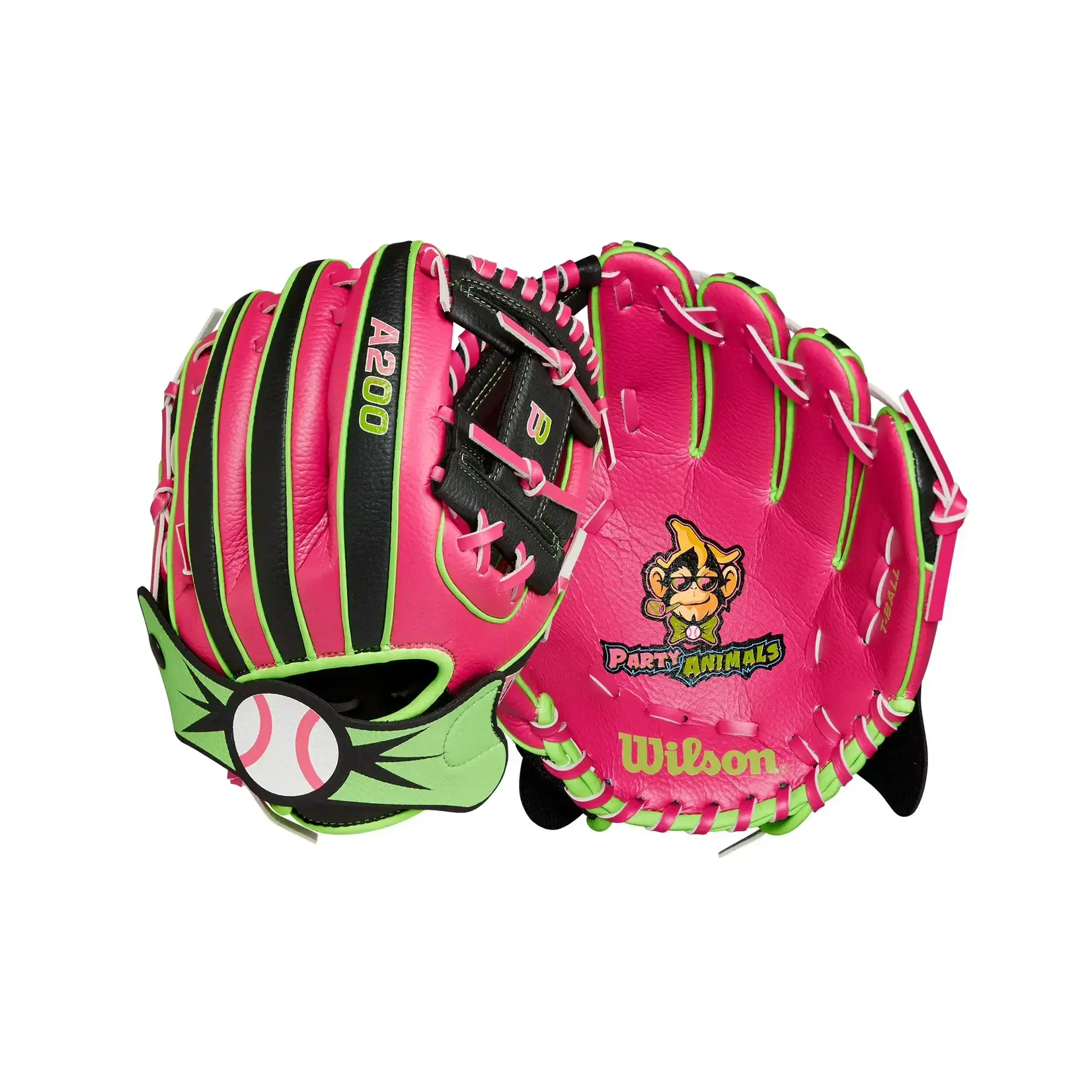 Wilson A200 EZ Catch™ Party Animals™ 10” T-Ball Glove - Hot Pink/Neon Green/Black