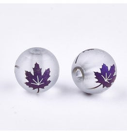 Round 8mm Clear Matte with Purple Maple Leaf x10