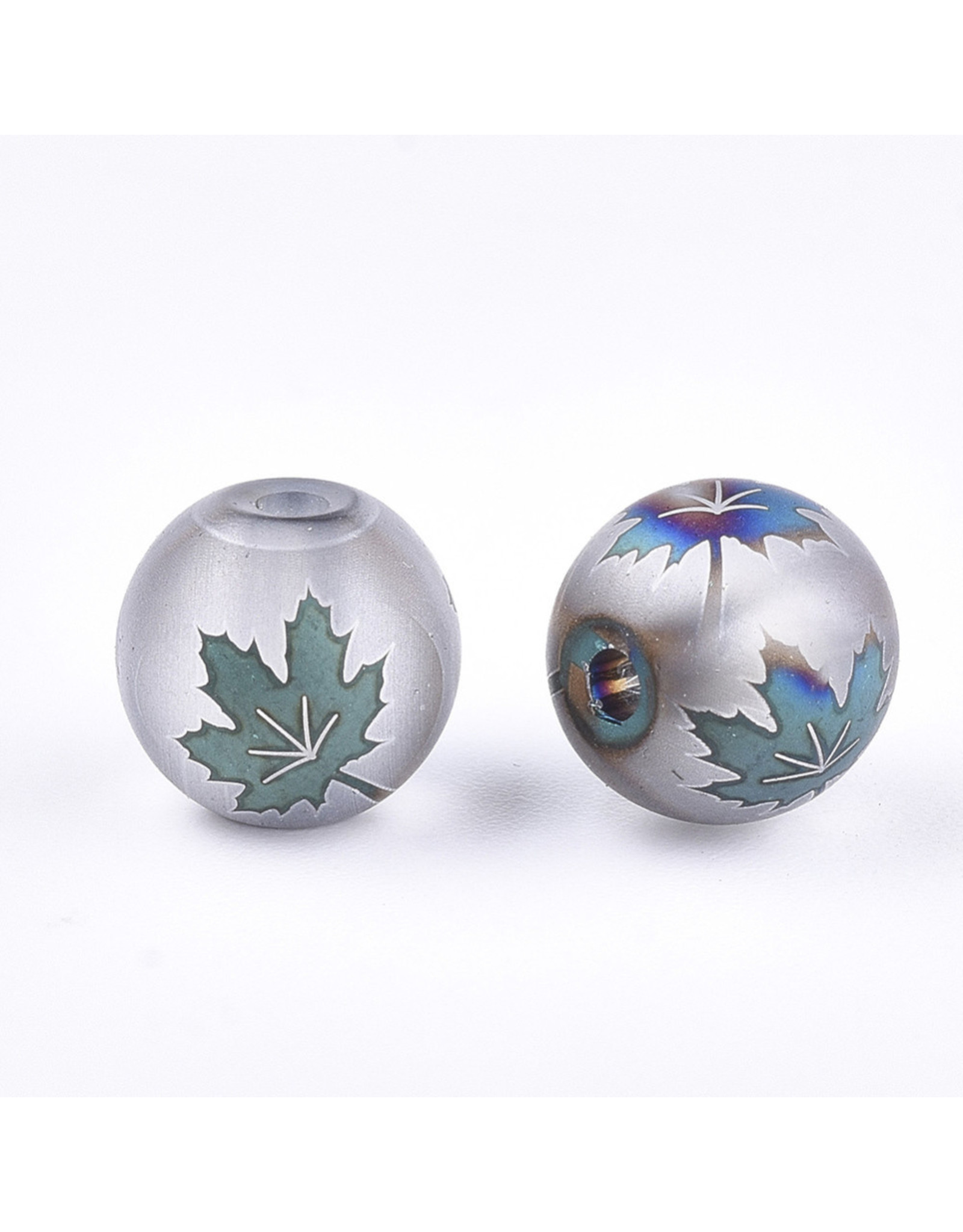 Round 8mm Clear Matte with Blue Green Maple Leaf x10
