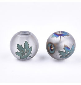 Round 8mm Clear Matte with Blue Green Maple Leaf x10