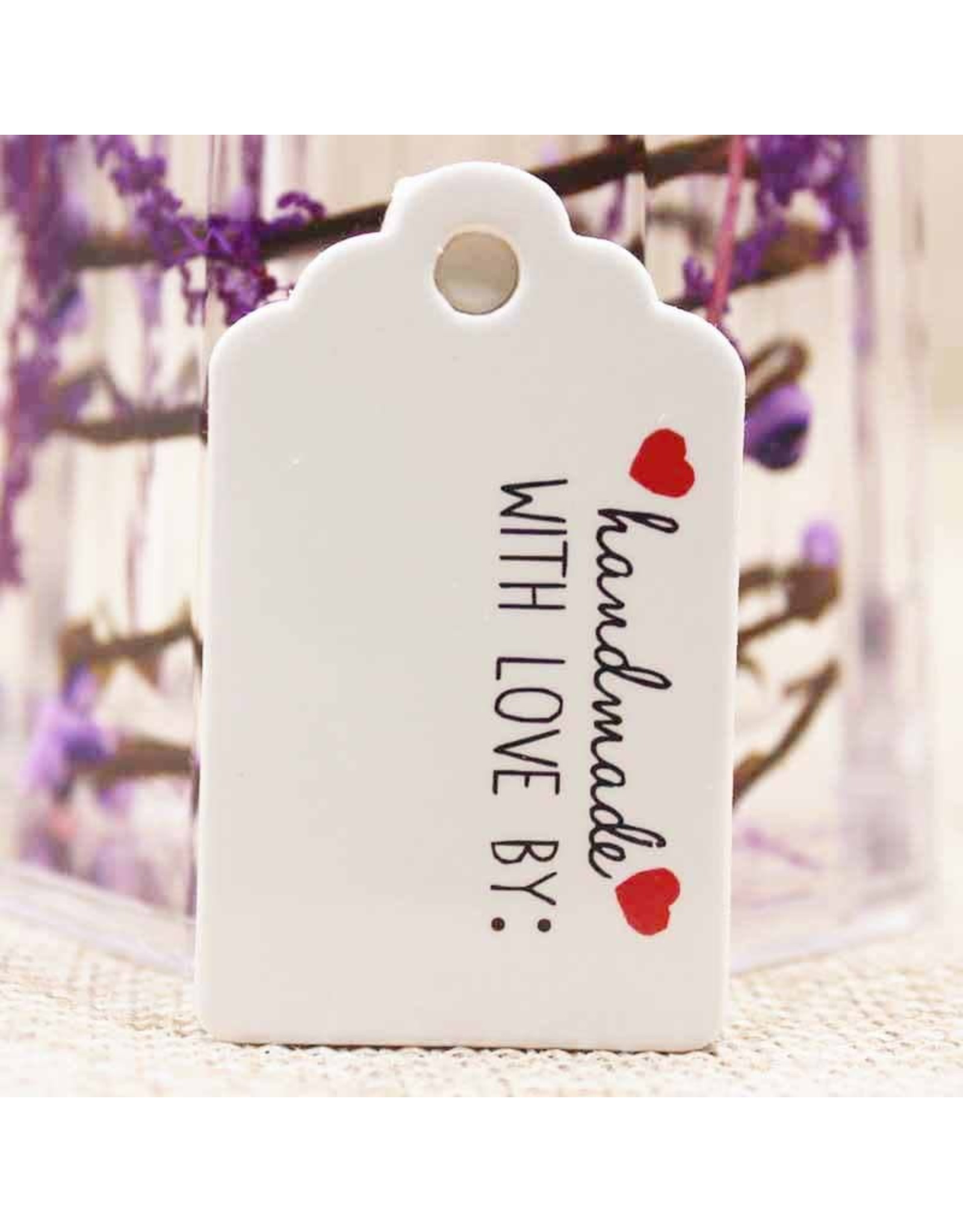 White Paper Gift Tag  Handmade with Love by:  50x30mm  x10