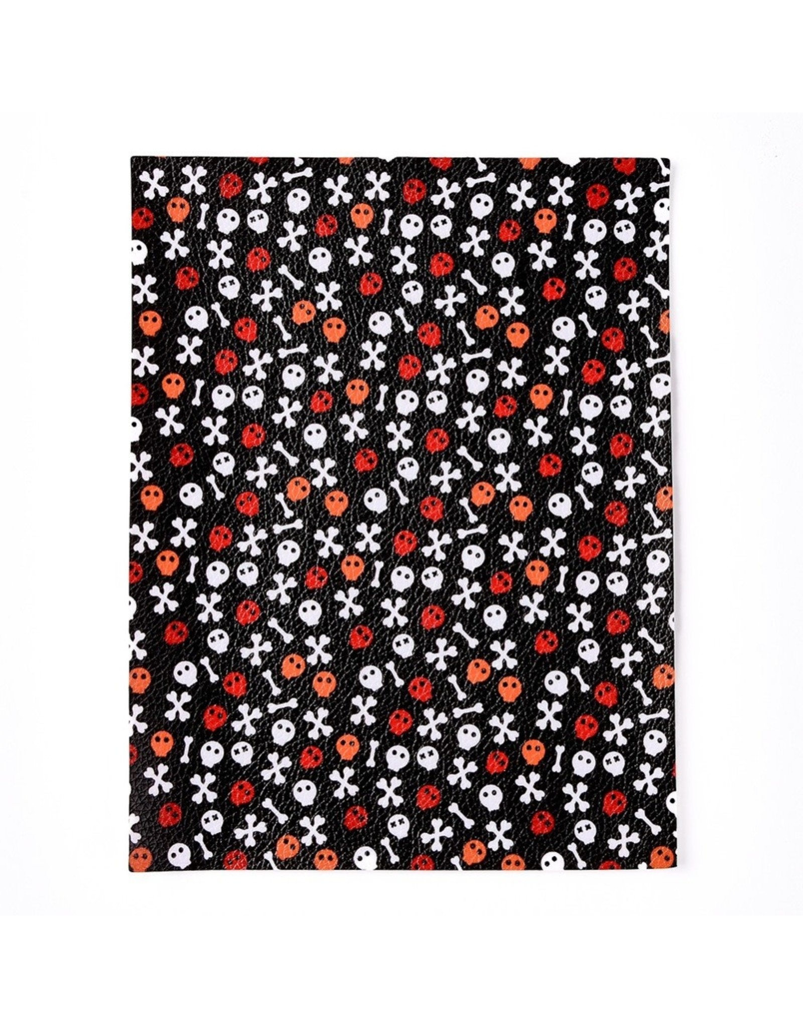 Faux Leather Beading Backing Black with Red/White/Orange Skull and Bones  .5mm thick 8x6"”