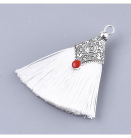 White Tassel Antique Silver Cap  45x40mm  x2