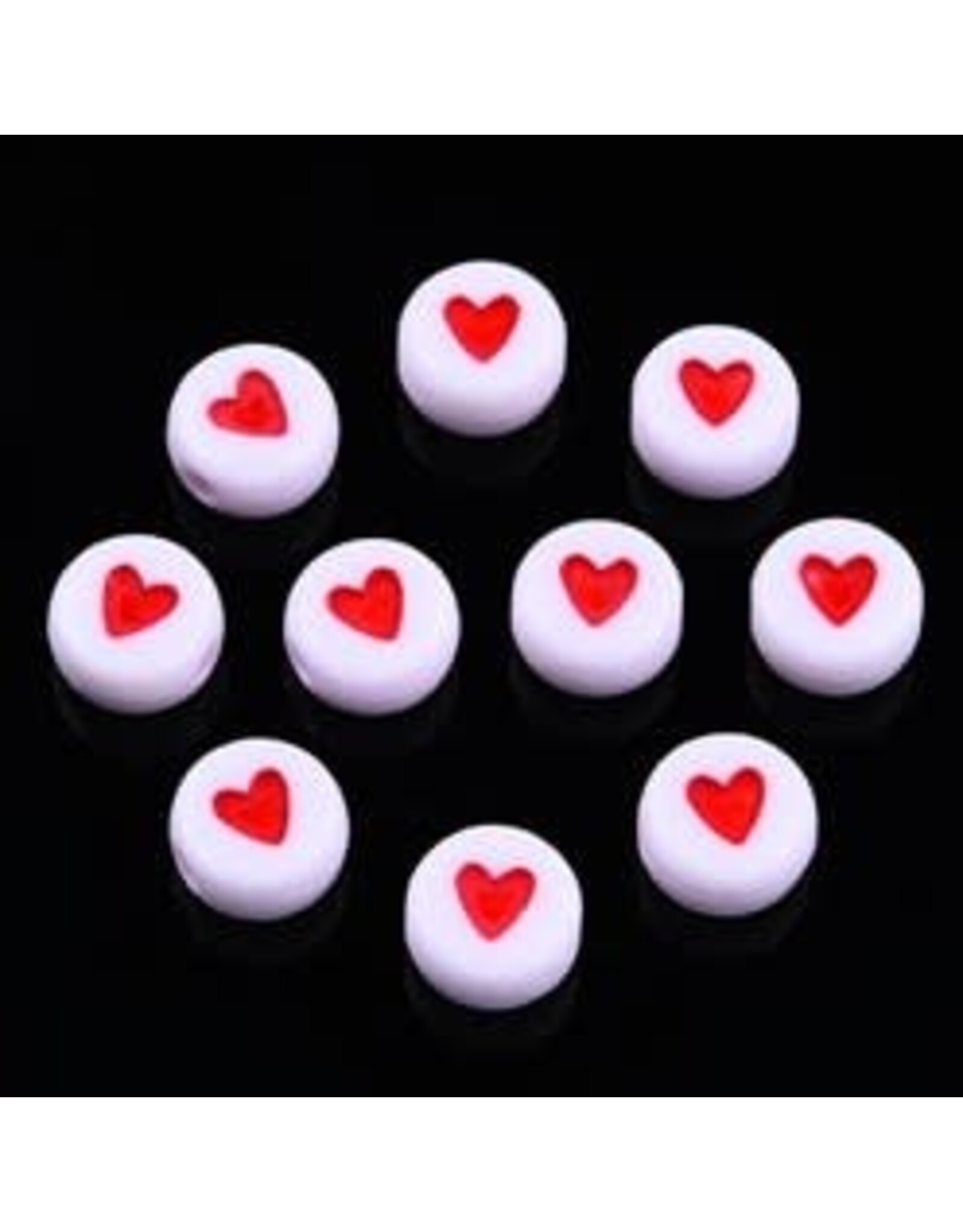 7mm Falt Round  White with Red Heart  x50