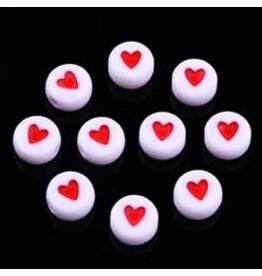 7mm Falt Round  White with Red Heart  x50