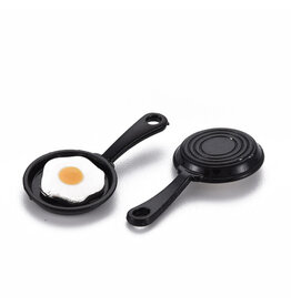 Frying Pan Egg Charm 28x14mm Black White Yellow  x6