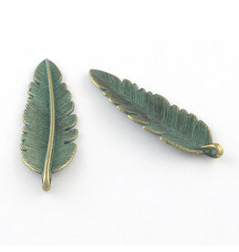 Feather  44x14mm  Antique Bronze Verdigris Green  x6