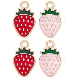 Strawberry Charm 17x10mm Red and Pink Gold x8