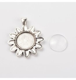 Flower Pendant Cabochon Setting  43x34mm Antique Silver NF x1 set