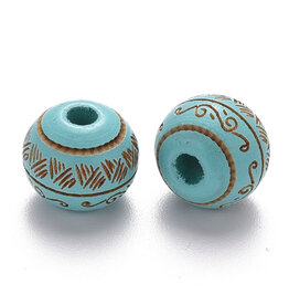 Wood 10mm Turquoise Blue Patterned x25