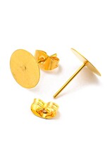 Earring Stud Flat Round 10mm Gold with Scroll Backs