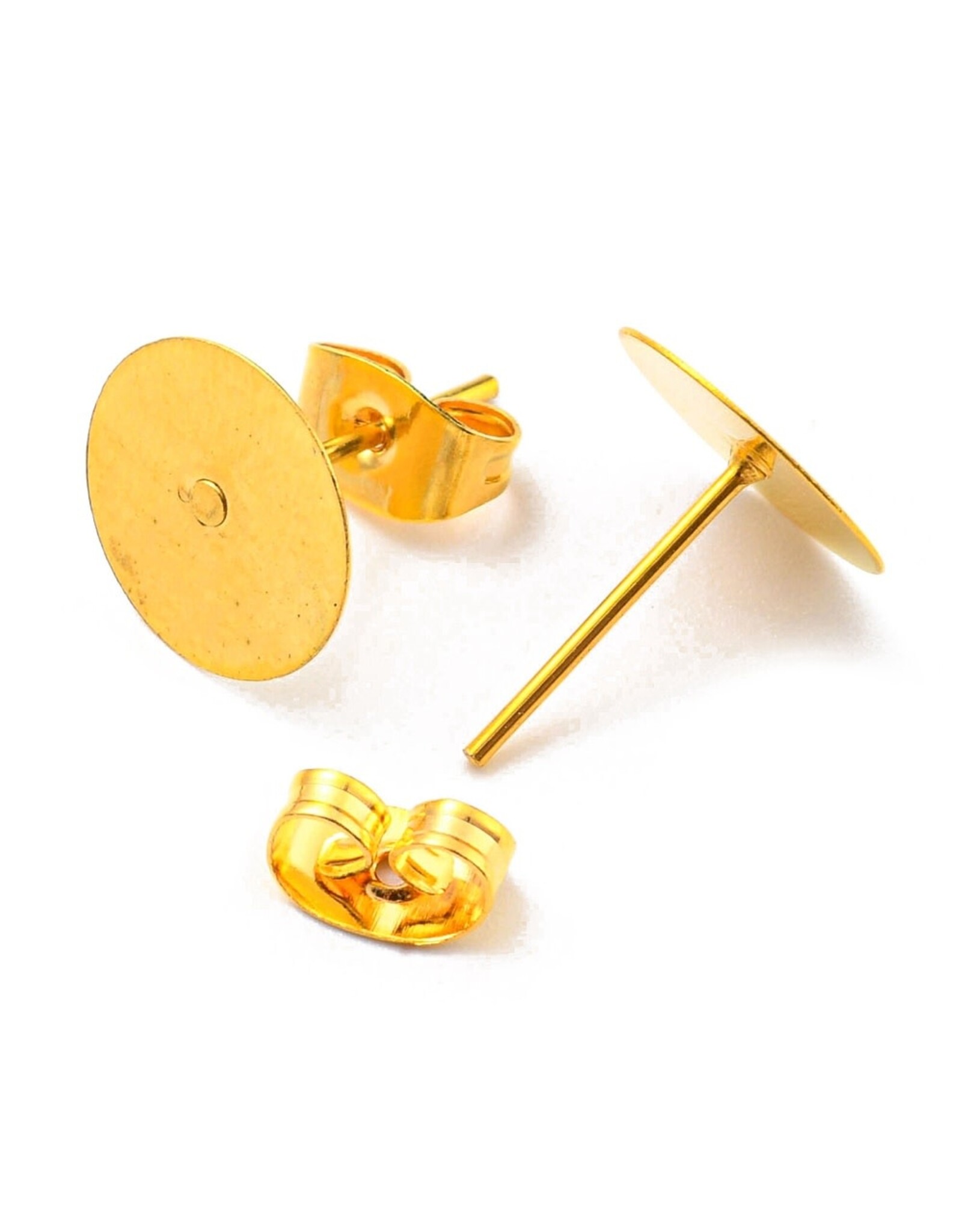 Earring Stud Flat Round 10mm Gold with Scroll Backs