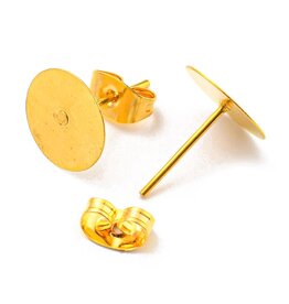Earring Stud Flat Round 10mm Gold with Scroll Backs