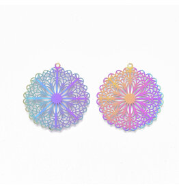 Filigree Circle Pendant Stainless Steel  35mm Rainbow  x2