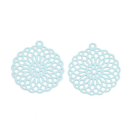 Filigree Circle Pendant  Stainless Steel 30mm Light Blue  x4