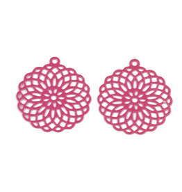 Filigree Circle Pendant Stainless Steel   30mm Hot Pink  x4
