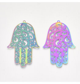 Filigree Hamsa Hand Pendant Stainless Steel   55x36mm Rainbow  x2