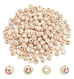 8mm Wood Round  Bead  with Little Faces x10