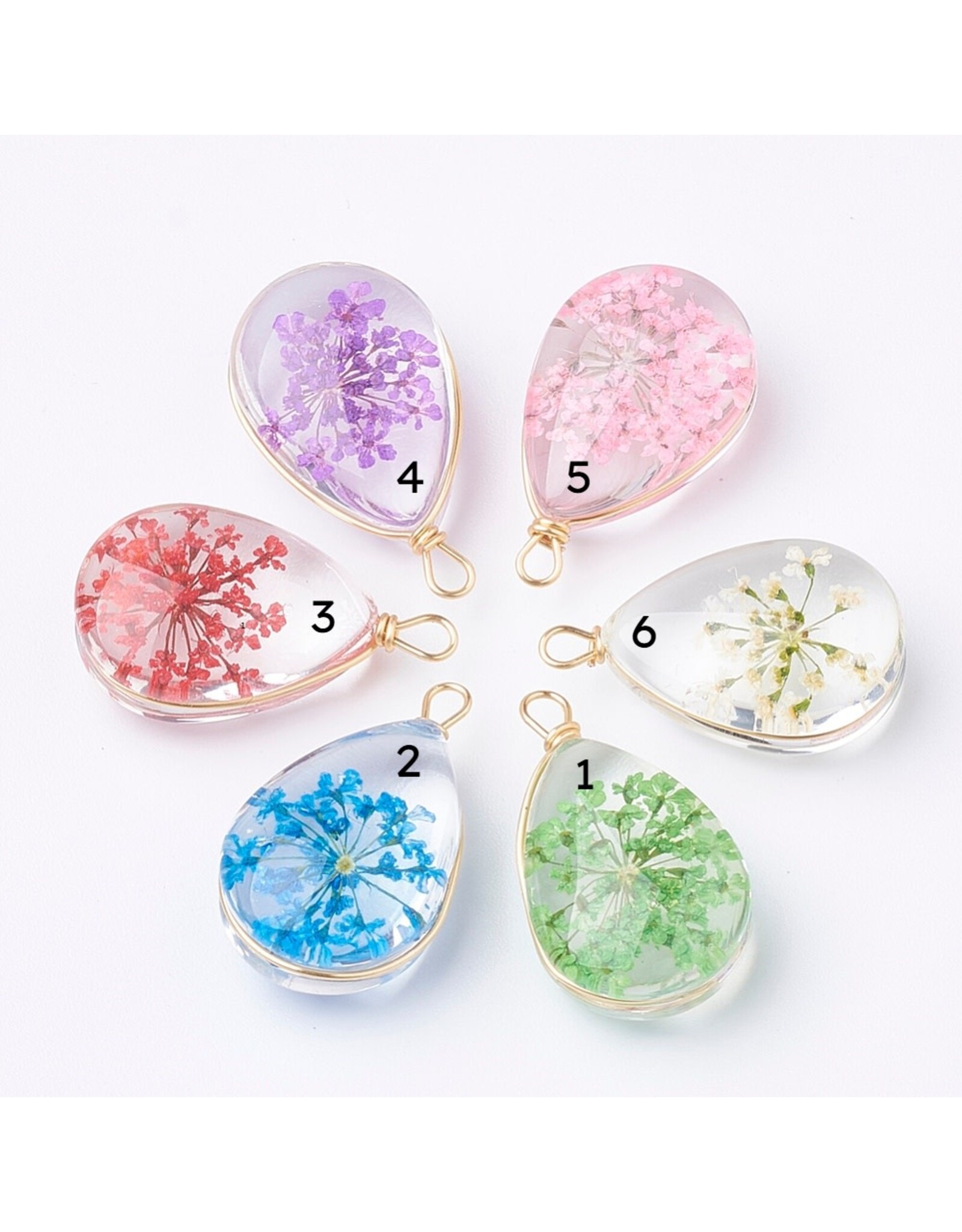 Drop With Dried Flowers   Clear 24x13x8mm  x1