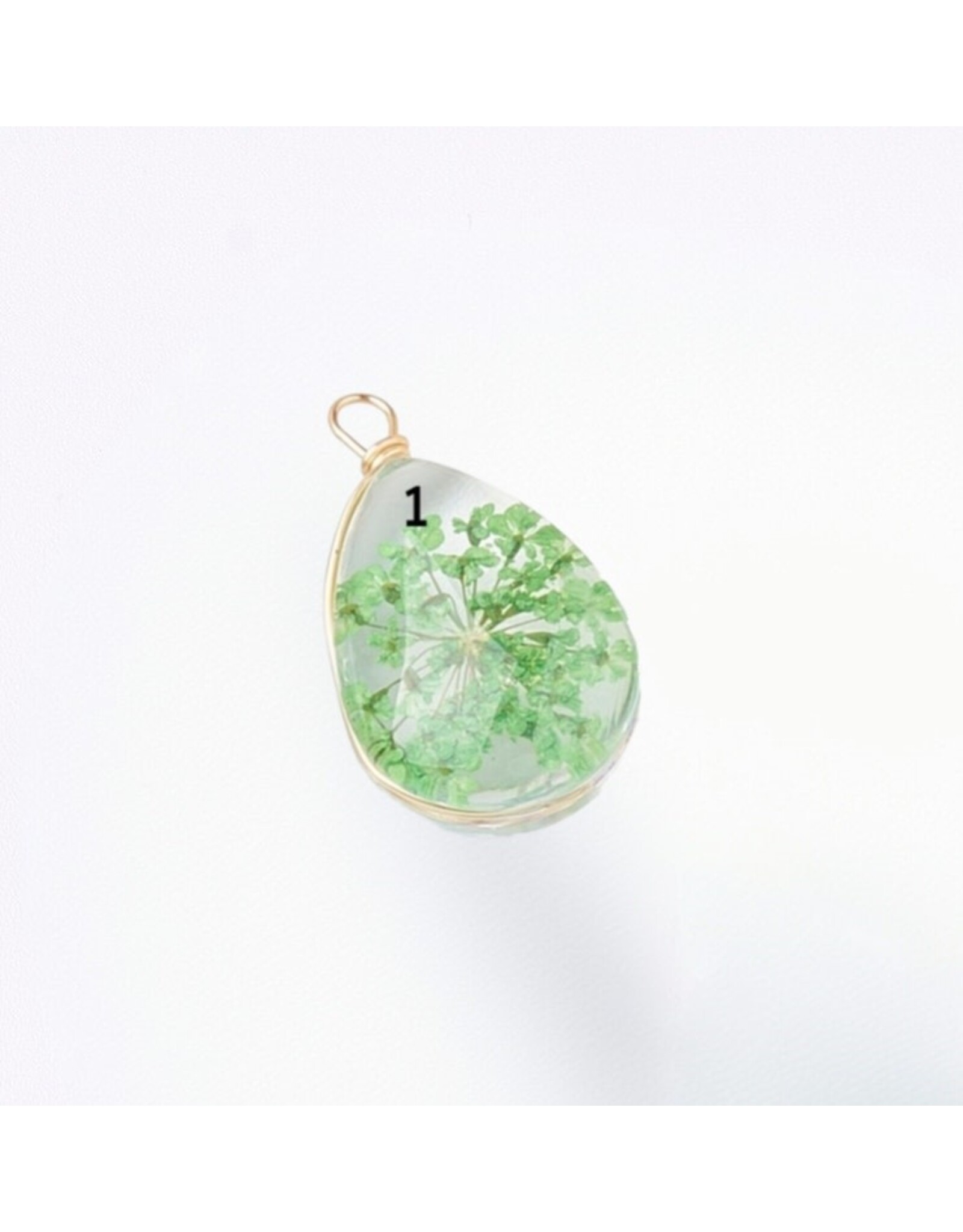 Drop With Dried Flowers   Clear 24x13x8mm  x1