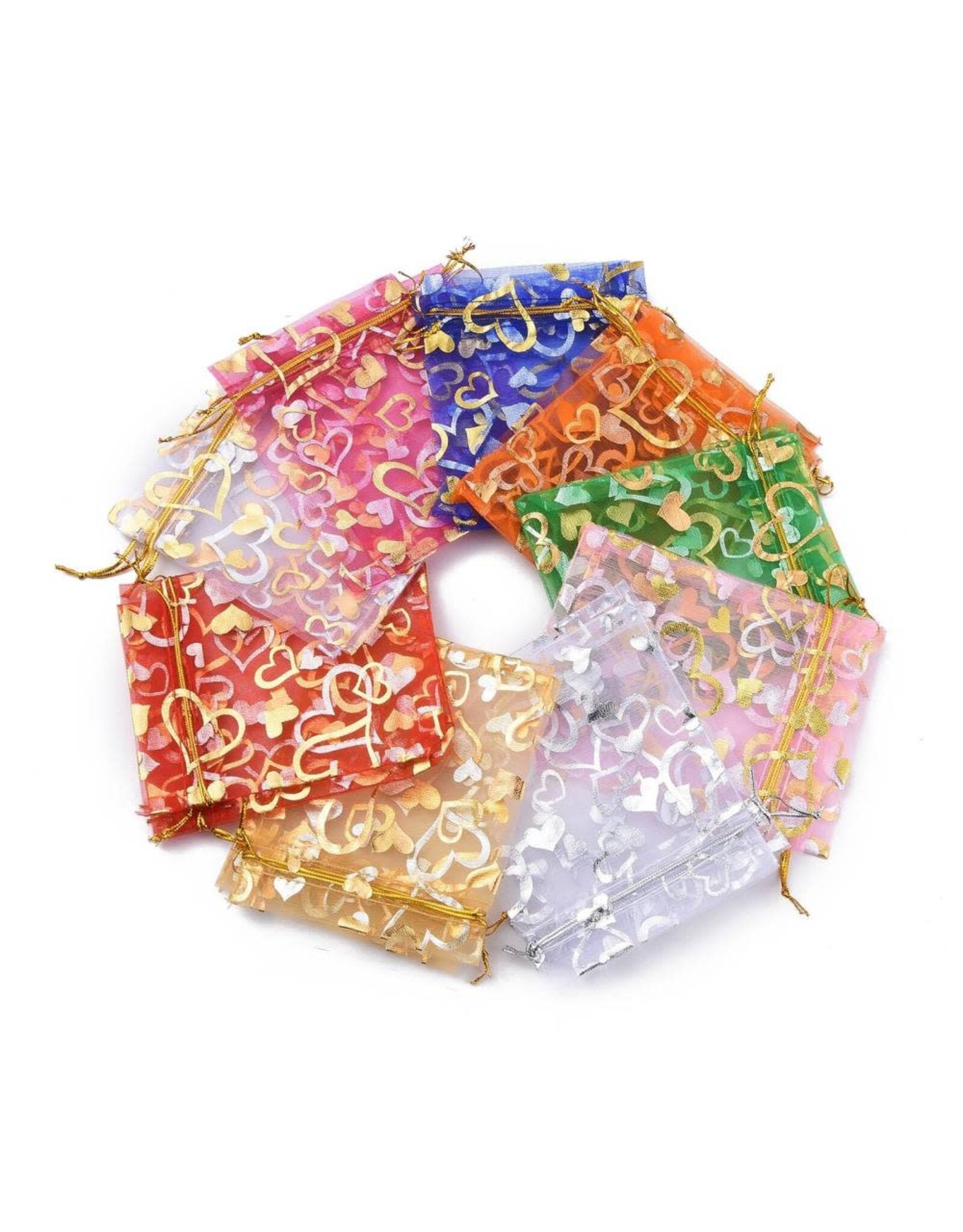 Organza Gift Bag Assorted Colours Gold Heart Print  12x10cm  x10
