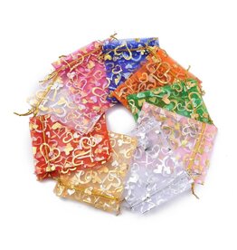 Organza Gift Bag Assorted Colours Gold Heart Print  12x10cm  x10