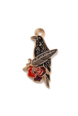 Enamel Raven With Rose and Feather  27mm  Gold  x2 NF