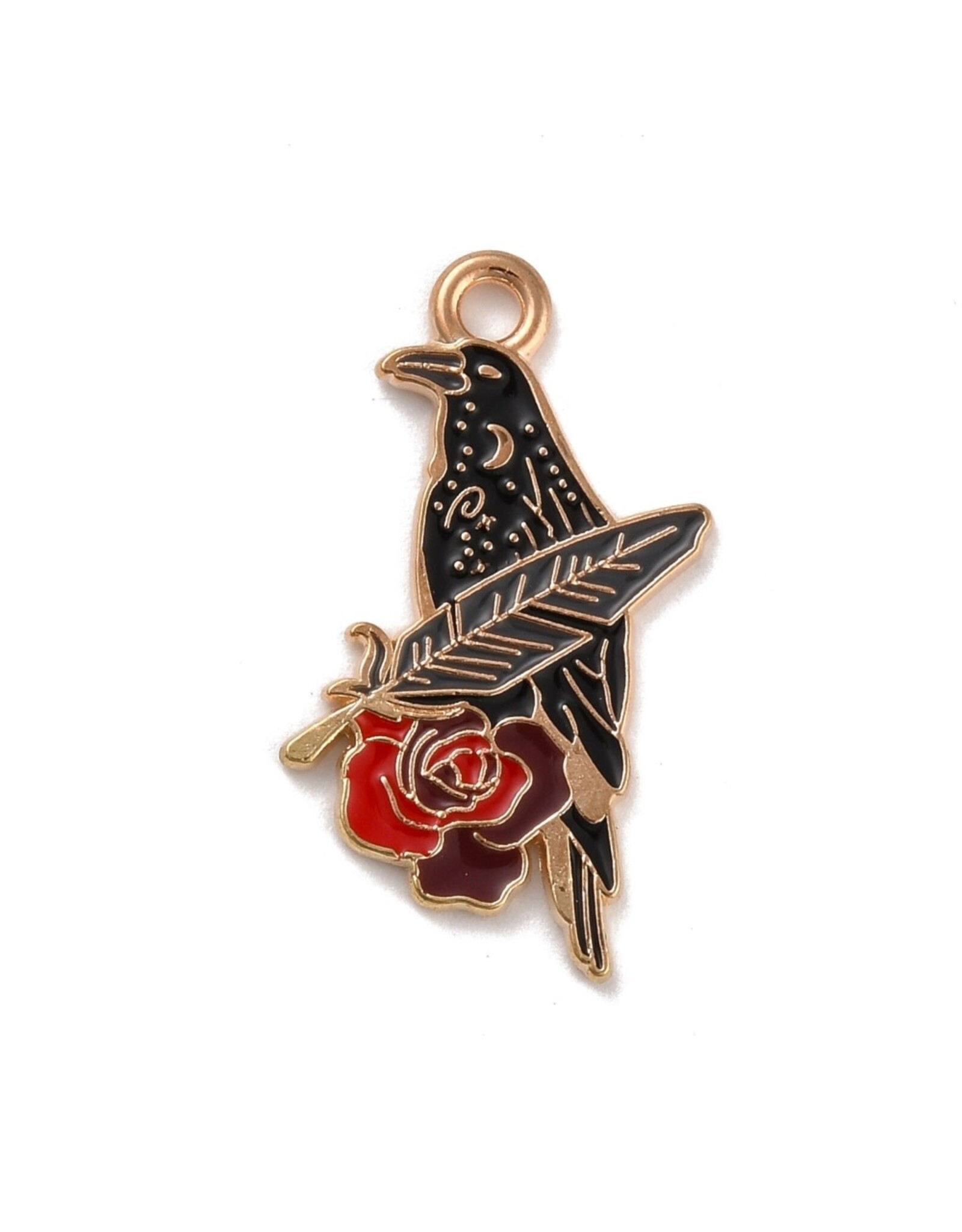 Enamel Raven With Rose and Feather  27mm  Gold  x2 NF