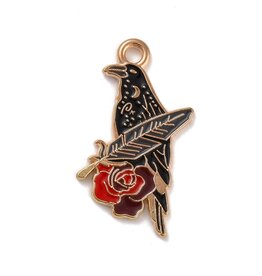 Enamel Raven With Rose and Feather  27mm  Gold  x2 NF