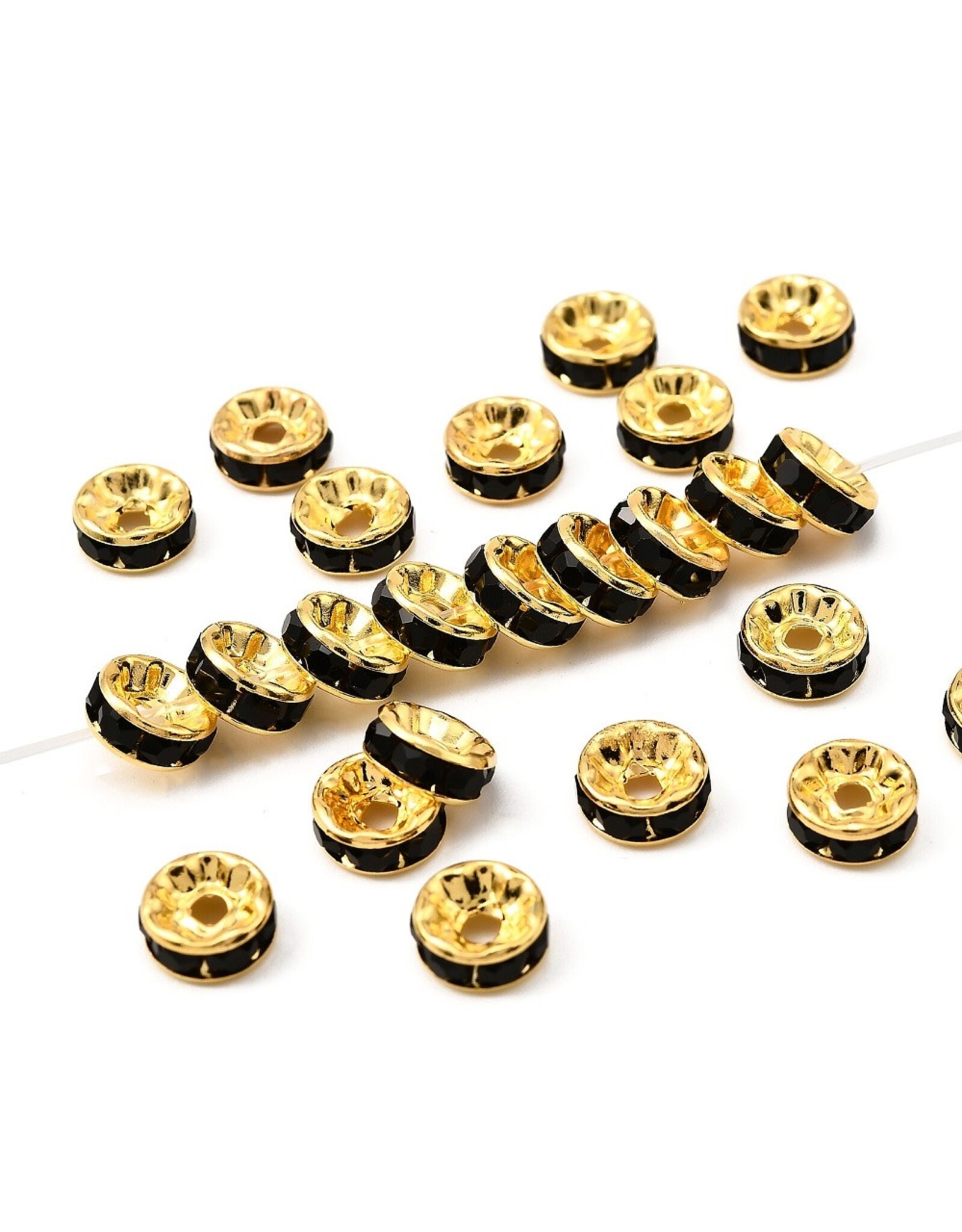 Rhinestone Rondelle Brass  8mm Gold/Jet Black x50 Grade A NF