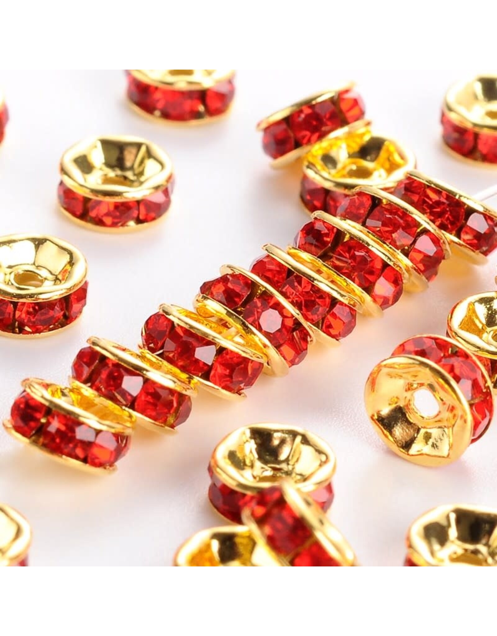 Rhinestone Rondelle Brass  8mm Gold/Red  x50 Grade A NF