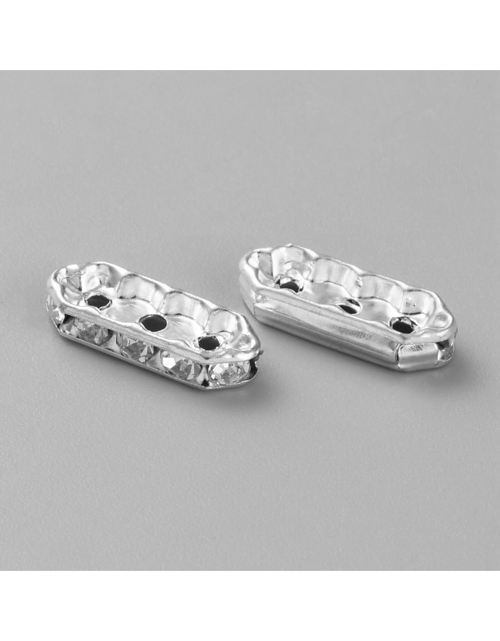 Rhinestone Rondelle 3 Hole  Bar 7x17mm Silver/Clear x10