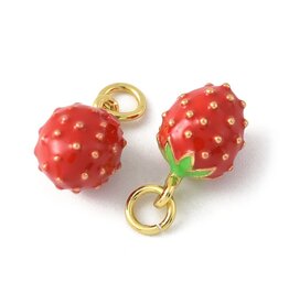 Strawberry Charm  13x8mm  Red 18k Gold Plated  x2   NF