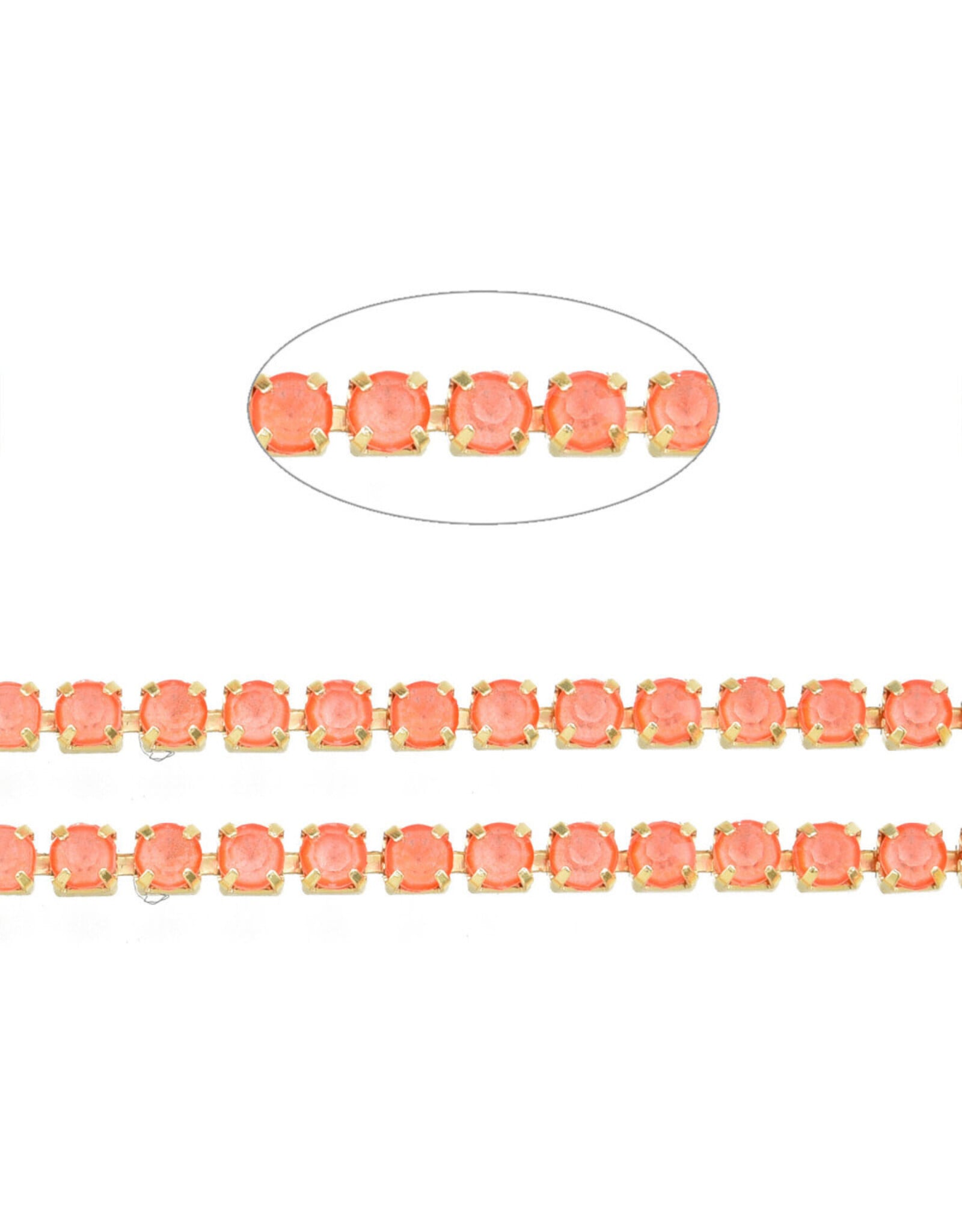 Rhinestone Banding 1 row 2mm Gold/Neon Coral  x1 foot