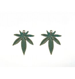 Cannabis Leaf 40x35mm  Antique Bronze Verdigris Green  x2