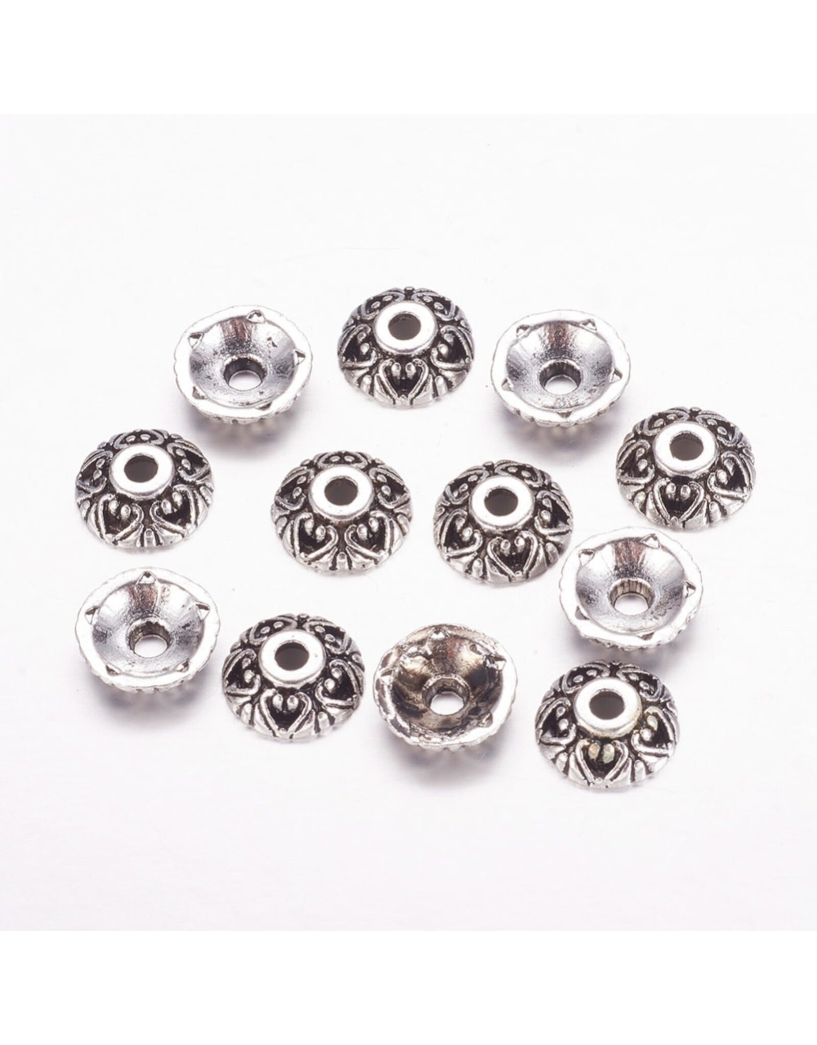10mm Bead Cap 5 Hearts  Antique Silver  NF